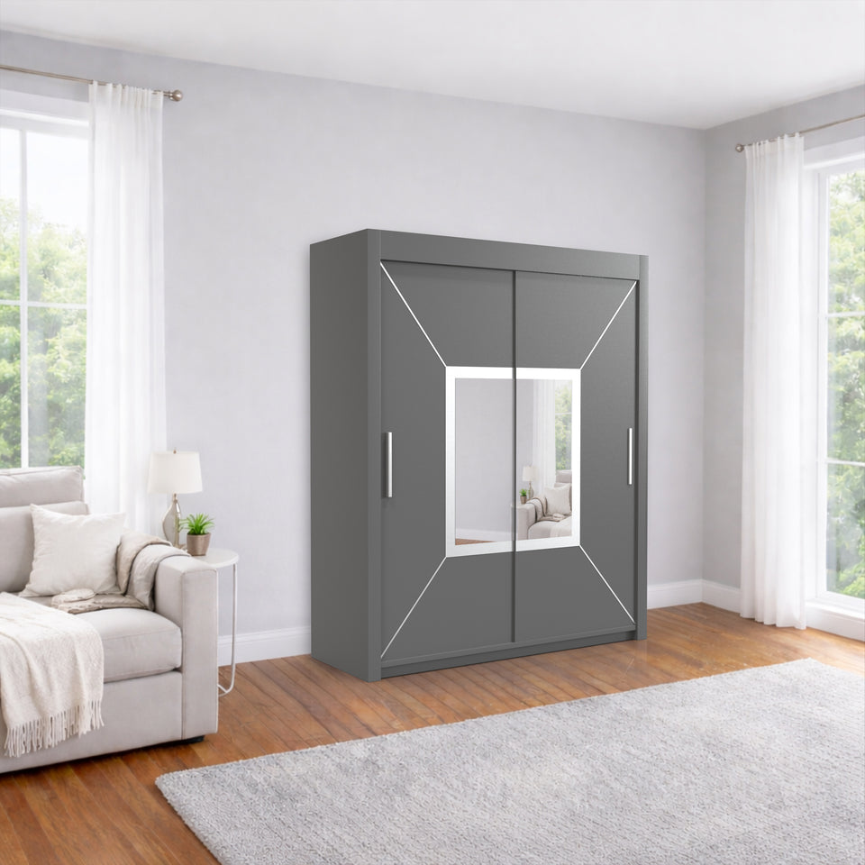 Austria Sliding Door Mirror Wardrobe - Grey, White, oak, and Black