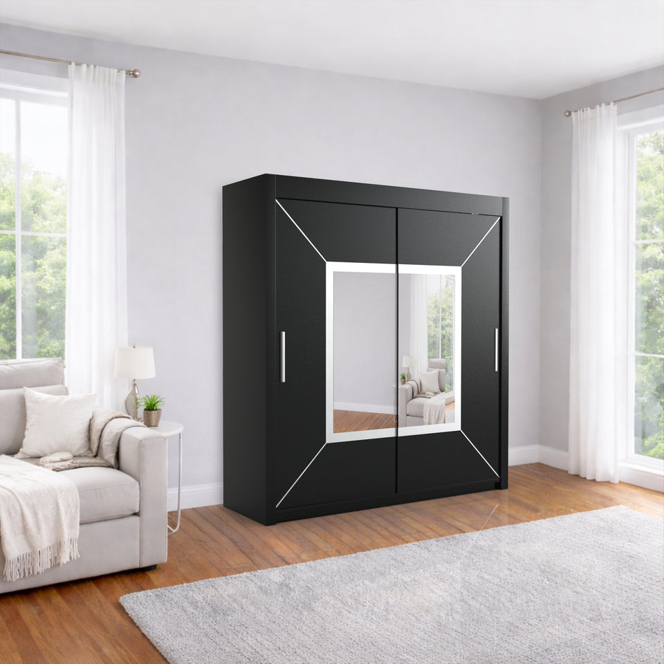 Austria Sliding Door Mirror Wardrobe - Grey, White, oak, and Black