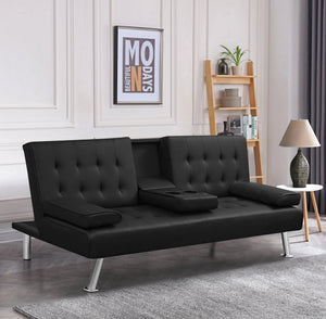 Modern Convertible Sofabed with Cupholder – Black & Grey Fabric