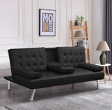 Modern Convertible Sofabed with Cupholder – Black & Grey Fabric