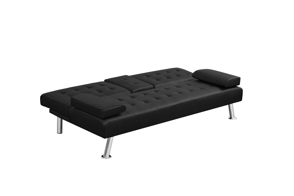 Modern Convertible Sofabed with Cupholder – Black & Grey Fabric