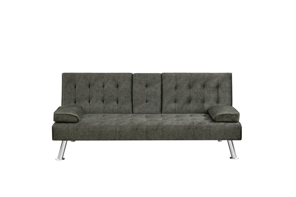 Modern Convertible Sofabed with Cupholder – Black & Grey Fabric